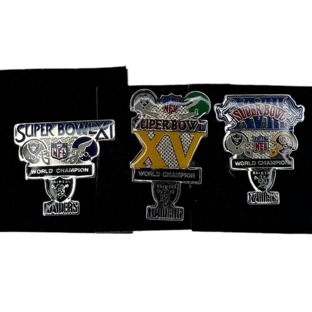 Super Bowl Pin Set of 3 - XI Raiders 1977 - XV Raiders 1981 - XVIII Raiders 1984